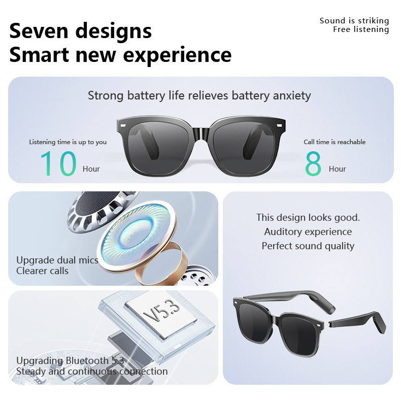 110mAh*2 χωρητικότητα Bluetooth γυαλιά ηλίου με μουσική 8-10 ώρες Λάμψη μαύρων γυαλιών