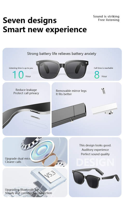 8 ώρες μουσική ώρα Ultralight BT 5.3 Bluetooth έξυπνα γυαλιά με κλήση 110mAh * 2 χωρητικότητα